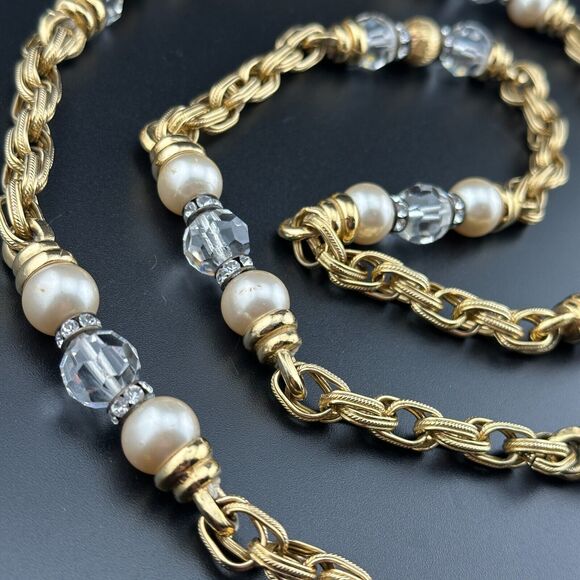 Heavy Vintage Gold Plated Chain Necklace Faux Pearl Crystal Beads Rhinestone 22" - Picture 1 of 11